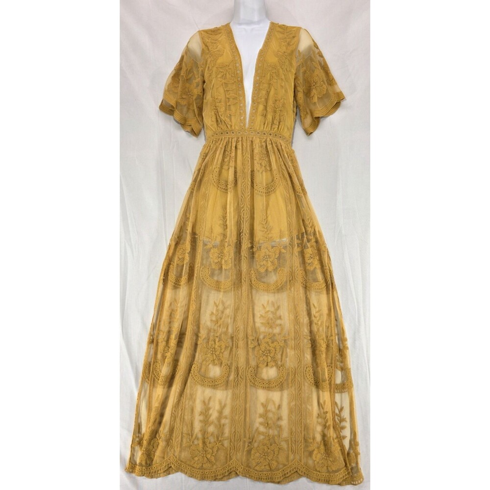 Honey Punch Sheer Lace Maxi Dress Romper Gold Fairy Boho Festival Resort Size S